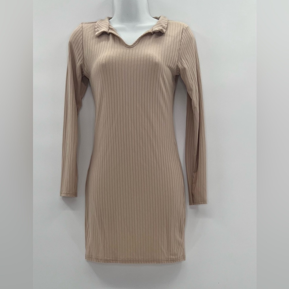 Boohoo Camel Ribbed Collar Detail Long Sleeve Bodycon Dress Size 6